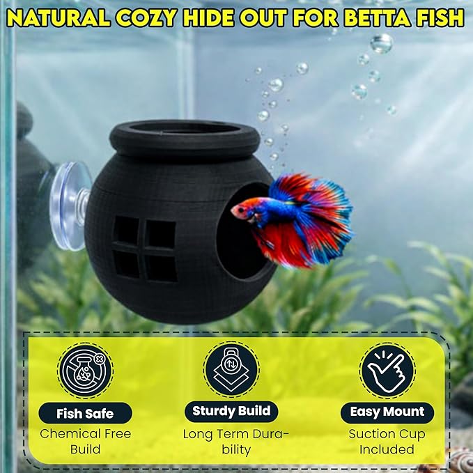 Floating Cozy Betta House, Natural Floating Betta Hide Out, Aquarium Fish Hammock, Relaxing & Stress Relief, Suction Cup Included, 2.9" W x 2.6" H (Black)