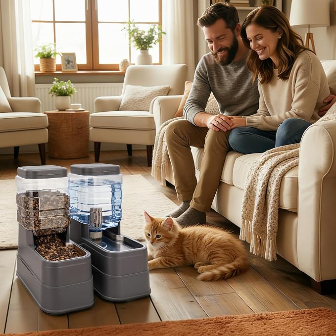 Automatic Cat Feeder and Water Dispenser with Stainless Steel Bowl with Ice Pack Gravity Food Feeder and Waterer Set Feeding Raised Bowls with Filter for Dog 1.3 Gallon x 2(Grey)
