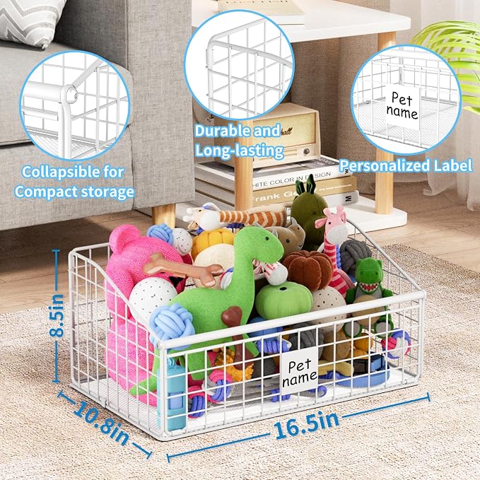 Kaiferty Indestructible Dog Toy basket, Medium Toy Box for Dogs,Pet Toy Bin Dog Metal Basket for Toys, Dog Toy Storage, Dog Storage Organizer,Dog Toy Box for Living Room Area (White)