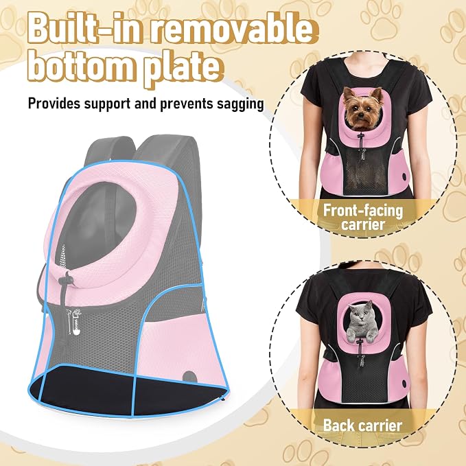 WOYYHO Pet Dog Carrier Backpack, Ventilated Mesh Small Dog Front Backpack | Breathable Puppy Back Pack, with Safety Belt, Storage Pockets, for Travel Hiking Cycling Outdoor Adventures, Pink, M