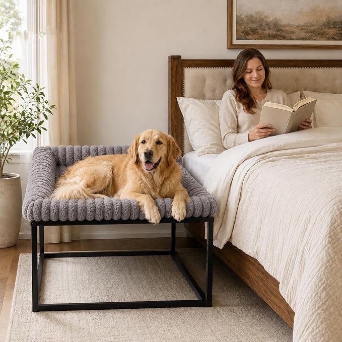 Adjustable Bedside Dog Bed for Large Dogs | Elevated Co-Sleeper Dog Bed with Metal Frame, Thick Supportive Cushion Mattress & Washable Cover, Dog Bedside Sleeper
