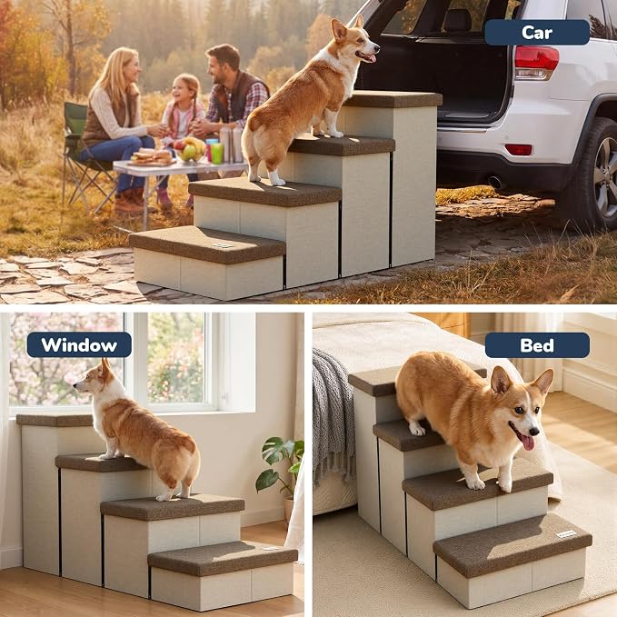 4-Step Wide Dog Stairs with Hidden Storage 23" H, Non-Slip Dog Steps for High Bed Couch Car, Jiont-Friendly Pet Stairs Ramp for Small/Medium/Large Old Dogs Cats Up to 220lbs, Beige&Coffee Lid
