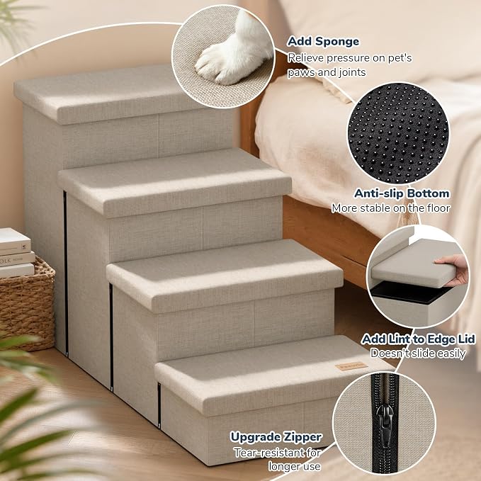 4-Step Wide Dog Stairs with Storage 23" H, Non-Slip Sturdy Pet Steps for High Bed Couch Window, Pet Stairs for Small/Medium/Large Old Dogs Cats Up to 220lbs, Cat Dog Steps for Car/SUV, Beige