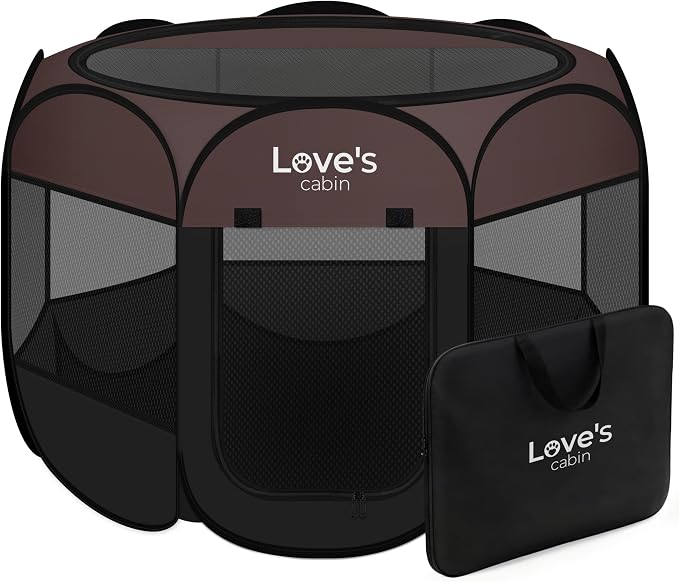 Love's cabin Pet Puppy Dog Playpen, Medium Dog Tent Crates Cage Indoor/Outdoor, Portable Playpen for Cat, Foldable Pop Up Dog Kennel Playpen with Carring Case, Removable Zipper Top, Brown