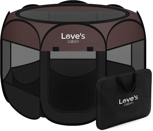 Love's cabin Pet Puppy Dog Playpen, Large Dog Tent Crates Cage Indoor/Outdoor, Portable Playpen for Cat, Foldable Pop Up Dog Kennel Playpen with Carring Case, Removable Zipper Top, Brown