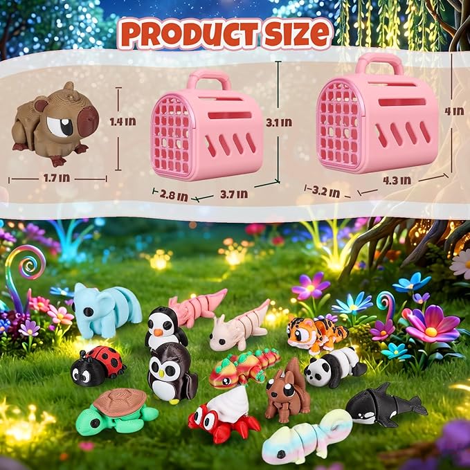 20 PCS 3D Printed Animals, Mini 3D Printed Animal Figurines with Cage, Flexible Articulated Fidget Toys for Desk Decor, Party Favors, Goodie Bag Stuffers, Classroom Rewards