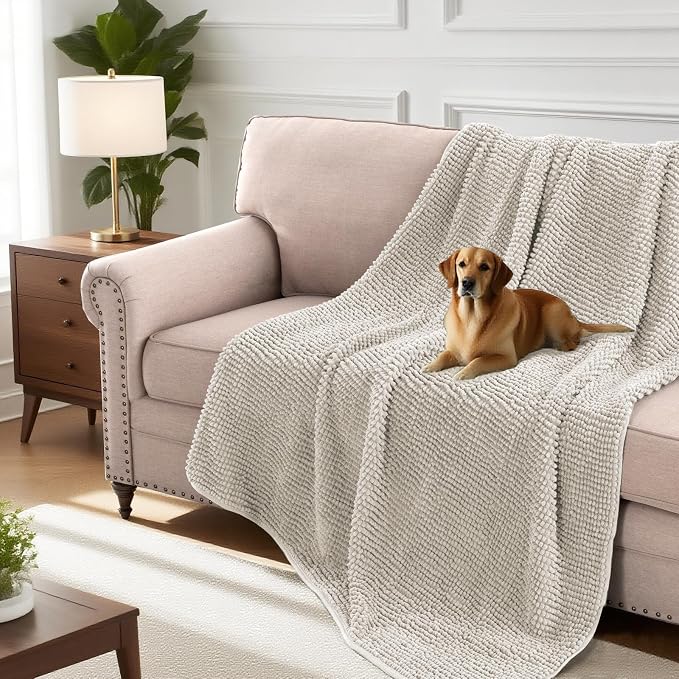 H.VERSAILTEX Plush Chenille Couch Cover for Dogs Pets Blanket for Bed Anti-Slip Soft and Durable Furniture Protector for Small Medium Large Cats Washable (52" x 82", Oatmeal)