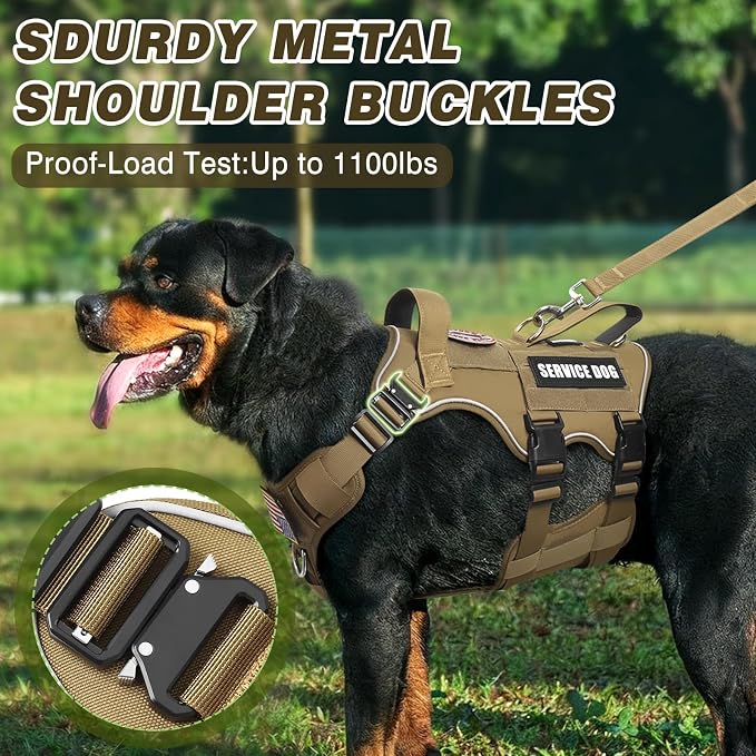Tactical Service Dog Vest Harness and Leash Set,Heavy Duty Dog Harness with Metal Buckles for Large Dogs,Adjustable No Pull Pet Vest with 10 Patches,for Training Working,Brown L