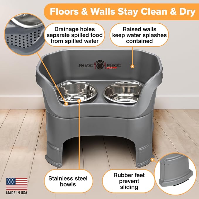 Neater Feeder Deluxe Mess-Proof Elevated Dog Bowls for Large Dogs (40+ lbs), 2 Height Adjustable (14.5” & 17.5”) No-Spill Raised Dog Bowl Stand, Stainless Steel Food Bowl Set, Made in USA, Gunmetal