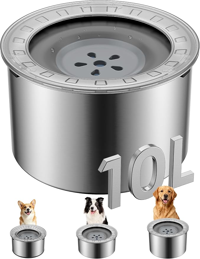 Heouvo 2.6 Gallon No Spill Dog Water Bowl with Slow Drink Floating Disk | Splash-Proof Lid + Stainless Steel Bowl/Rubber Bottom/Slobber Stopper Water Bowl for Large Sloppy Messy Drinkers Reduce Mess