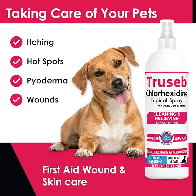 Pet Health Pharma Truseb Topical Ketoconazole and Chlorhexidine Spray for Dogs, Cats, and Horses with Essential Fatty Acids, Aloe and Vitamin E- 16 oz (Ketoconazole & Chlorhexidine Spray, 16 oz)