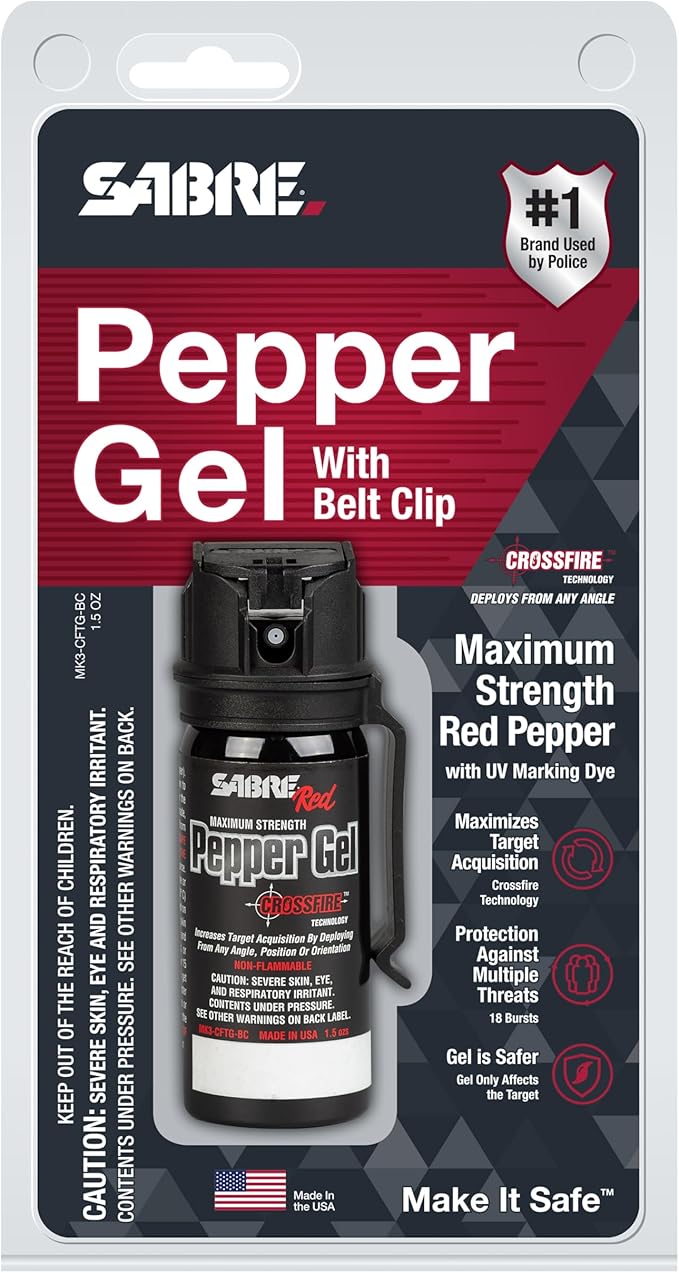 Gel poivre SABRE Crossfire, déploiement sous tous les angles, maximise l'acquisition de cible contre de multiples menaces, clip de ceinture pour un transport facile, couvercle rapide, OC puissance maximale, option spray au poivre 44 ml