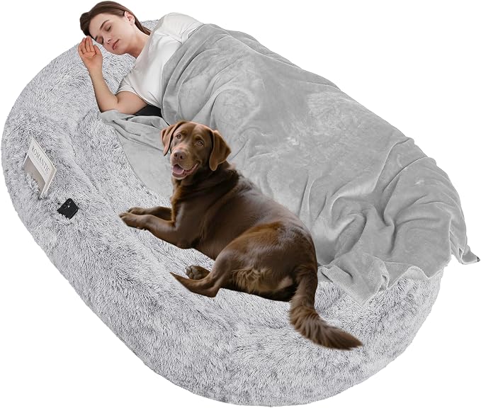 Human Dog Bed for Adult, Orthopedic Gel Memory Foam, 71"x47"x9" | Human Dog Bed Fits Adult & Pets, Reversible Egg-Crate Foam Cushion, Washable Pet Bed with Blanket, Ombre Grey