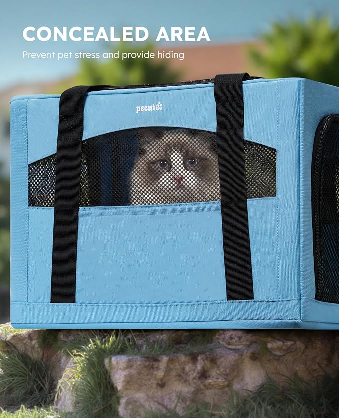Pecute Cat Carrier Stable, Pet Carrier with Privacy Partition,Light Blue | Safe For Car Travel, Stable Steel Frame, Soft-Sided Pet Carrier Bag For Dogs And Cats Up To 15lbs, Foldable Design,XL.