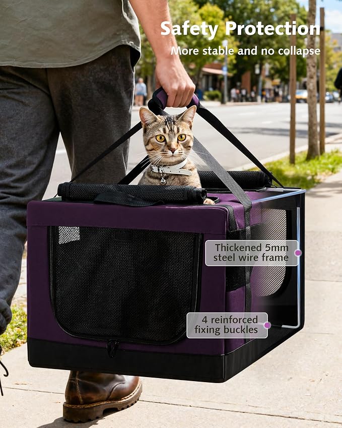 Pecute Cat Carrier, Soft Double Pet Crate for 2 Cats Travel, Purple | 5mm Anti-collapse Frame, Convertible Dual Space, Foldable, Polyester Breathable mesh, Up to 26 lbs, Car Travel & Vet Visits