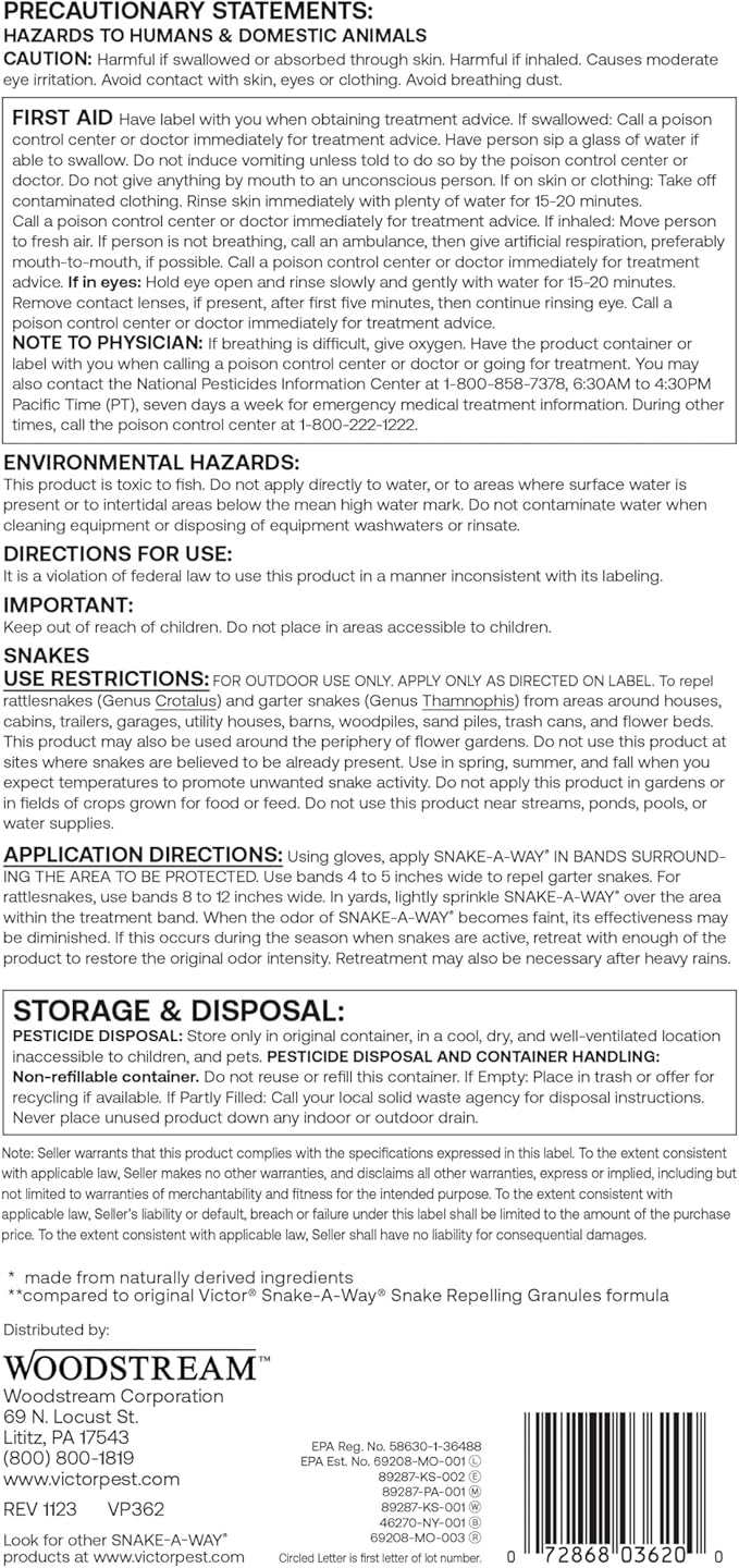 Victor VP362 Snake-A-Way Outdoor Snake Repellent for Yard, Repelling Granules for Poisonous and Non-Poisonous Snakes - 28 LBs