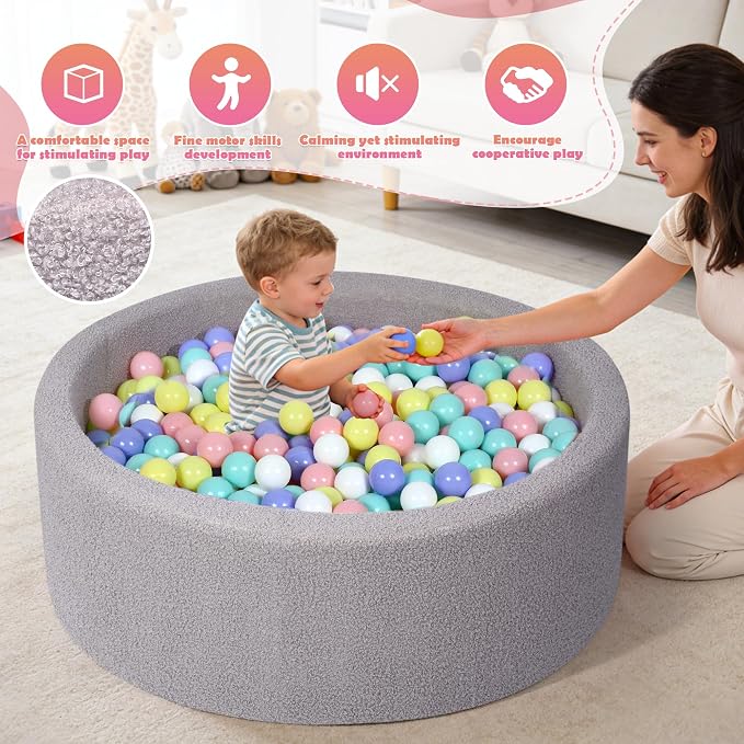 Imitation Teddy Colours Foam Ball Pit 35.4"x 11.8" Soft Round Playpen for Toddlers Dogs Cats with Soft Memory Sponge for Babies Indoor and Outdoor Game Gray (Balls not Included)