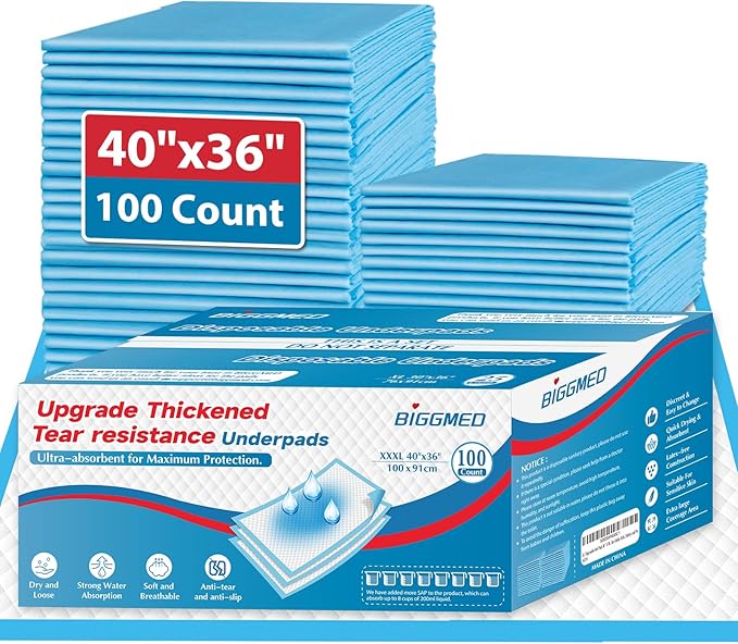 BIGGMED 100 Count Incontinence Bed Pads 40'' x 36'' Tear-Resistant | Disposable Underpads Heavy Duty Chucks Pads for Adults, Kids & Elderly | Protection Pads for Bed, Sofa, and Chair