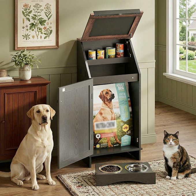 Black 38.4" H Dog Feeding Station with Storage | Pet Food Storage Cabinet with 2 Elevated Bowls,Hooks,Hidden Dog Feeding Organizer for Cats and Dogs
