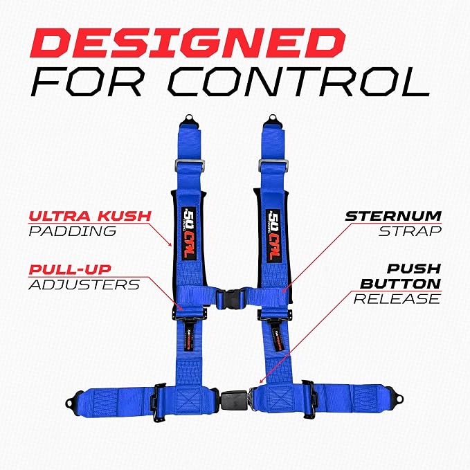 1pc 50 Cal Blue 4 Point Harness 2in Straps, Racing Harness Seat Belt | Ultra Kush padding, Push Button quick release hardware. Universal Fit for UTV, RZR, race car.