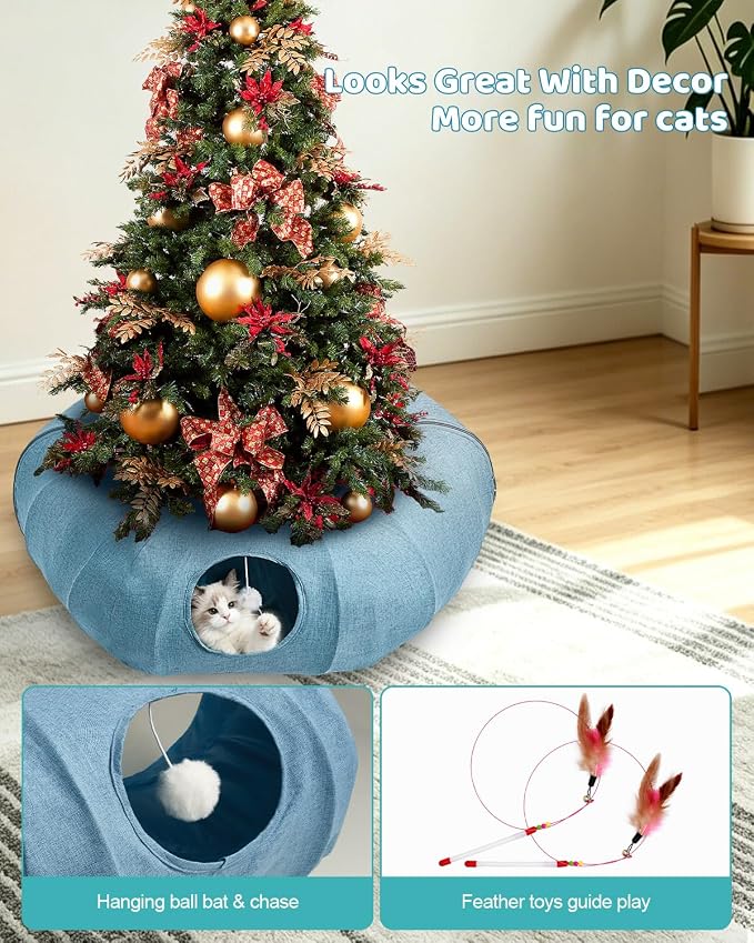 Odoland Linen Cat Tunnels with Central Cat Bed, Interactive Cat Toys Detachable Washable Soft Mat Large Indoor Play Tunnel Cave for Kittens and Small Animals