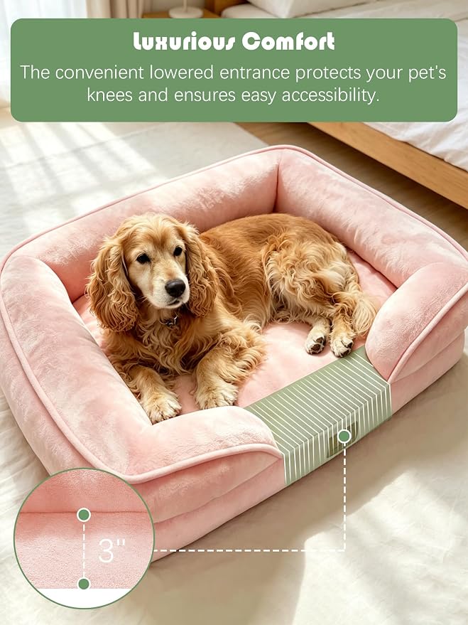Spotted Play Orthopedic Dog Bed with Sides - Sofa Beds for Large Dogs, Supportive Foam Pet Couch Bed with Washable Removable Cover, Waterproof Lining and Non-Slip Bottom, Pink - L