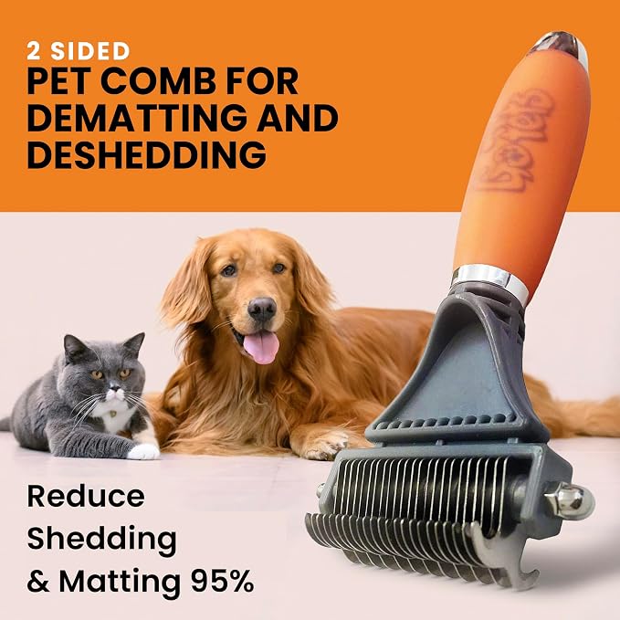 2-in-1 Deshedding & Dematting Comb & Grooming Brush for Dogs & Cats | Double-Sided Dog Rake for Shedding, Pet Deshedding Brush, Undercoat Mat Dematting Tool for Long Haired Cats, Grooming Matting