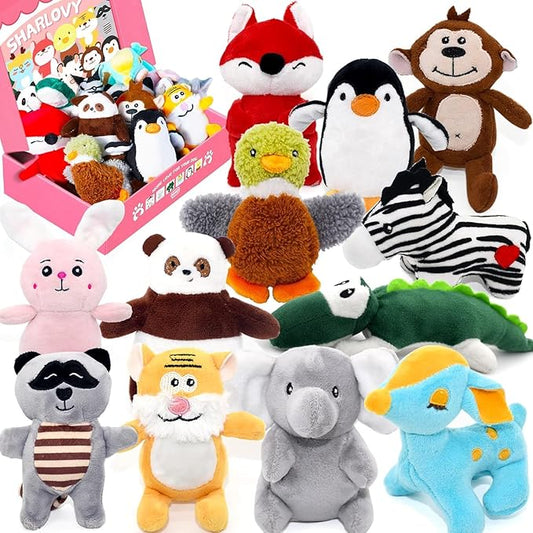 SHARLOVY Jouets couineurs pour petits chiens, jouets en peluche pour chiots, jouets à mâcher mignons pour la dentition des chiots, pour chiens de petite à moyenne taille, lot de 12 jouets doux en peluche pour animaux de compagnie dans une boîte cadeau