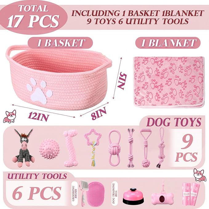Zopeal 17 Pcs Summer Puppy Gift Set, Dog Toy & Essentials Bundle with Chew Toys, Poop Bag Dispenser, Grooming Brush, Training Bell, Blanket & Rope Basket (Pink,Donkey)