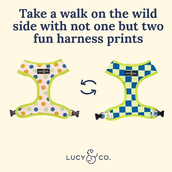 Lucy & Co. Reversible Dog Harness - Water-Repellent Neoprene, Dual-Print Design, Easy Swap Style, Adjustable Comfort Fit - Have a Nice Day Reversible Harness - Small