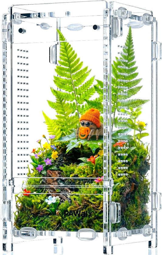 Jumping Spider Enclosure, Acrylic Terrarium with with Magnetic Doors, 0.8mm Micro-Ventilation, Stackable Escape-Proof Habitat for Jumping Spiders, Tarantulas & Small Reptiles, 3”x3”x6”
