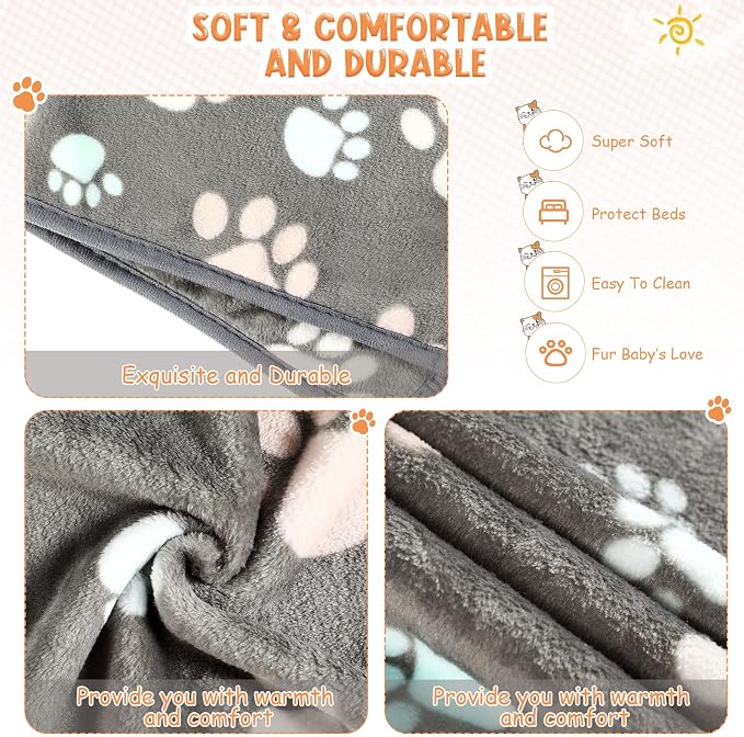 Tatuo 4 Pack Fleece Dog Blankets for Puppy Cats Multi-Size Sleep Mat for Pet Guinea Pig Soft Washable Warm Crate Bed Puppy Teething Toys Print Pattern Blanket Indoor(Dark Gray,30 x 20.5 Inch,Paw)