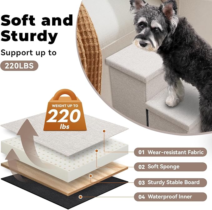 Zerbuger Dog Stairs with Storage, Beige 4 Steps Dog Ramp with Condo for Bed | 23" H Wider Dog Steps for High Beds Couch, Folding Storage Pet Stairs Gift for Climbing Small/Medium/Large Old Dogs Cats