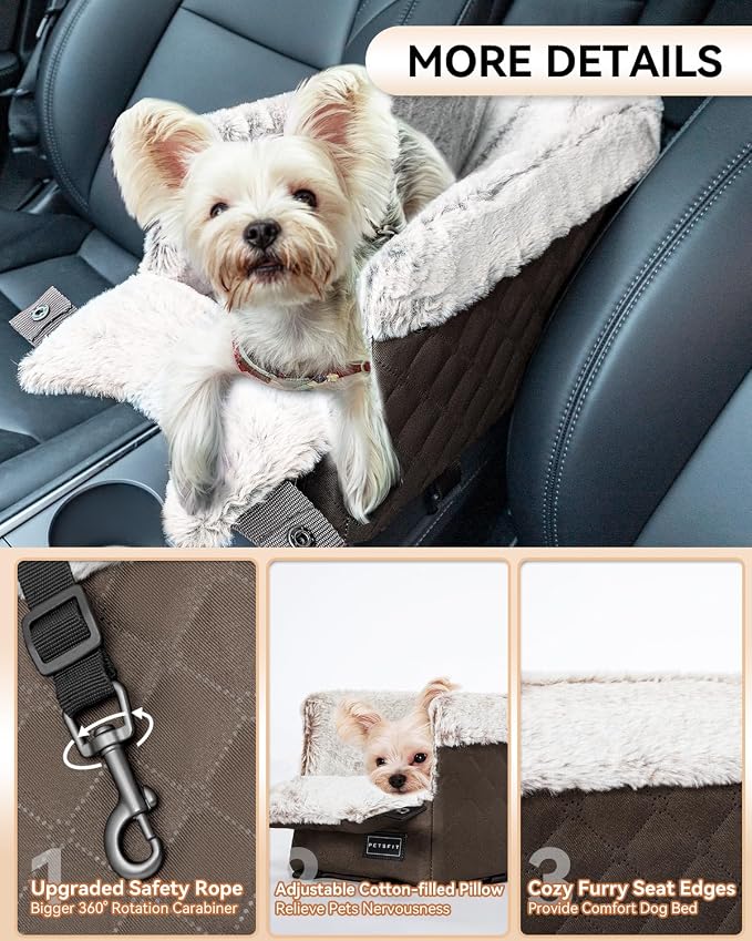 PETSFIT Dog Console Car Seat with Dual Adjustable Seat-Rail Anchor Hooks | Anti-Collapse Leather Armrest Booster Carseat with Safety Tether, Washable Cushion, Soft Pillow for Pets Under 8 lbs,Coffee