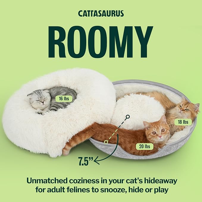 Peekaboo Cat Cave for Multiple & Large Cats Up to 30-45 Lbs, Fluffy Cat Beds for Indoor Cats, Scratch Detachable & Washable Tunnel Bed, Comfy Donut Cave (Light Gray, Large (Calming))