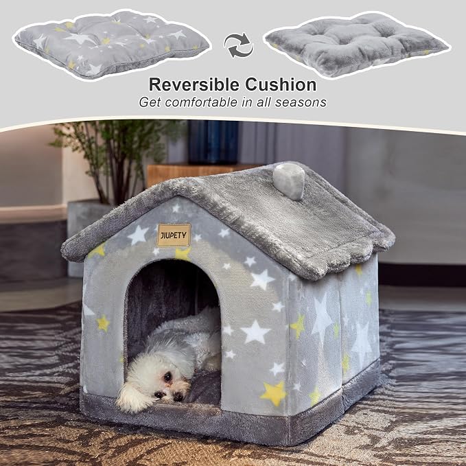 Cute Small Dog House Indoor,Foldable House Kennel Bed Mat with Cushion,Grey | L Size Dog Tent for 11-16 lb Dogs and 18-22 lb Cats, Dog Cave Bed with Non-Slip Bottom,Dog Cave with Foldable Reversible