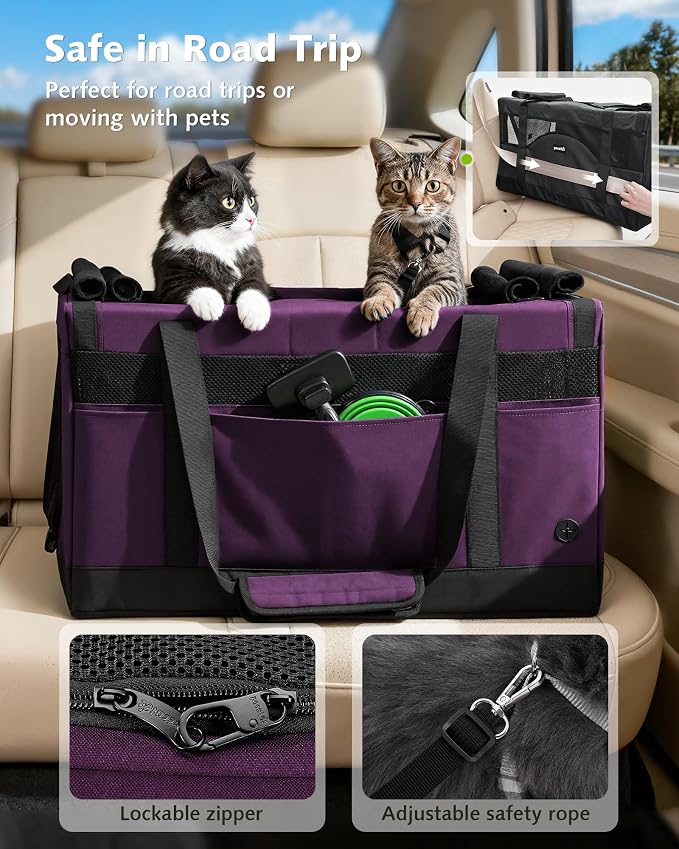 Pecute Cat Carrier, Soft Double Pet Crate for 2 Cats Travel, Purple | 5mm Anti-collapse Frame, Convertible Dual Space, Foldable, Polyester Breathable mesh, Up to 26 lbs, Car Travel & Vet Visits