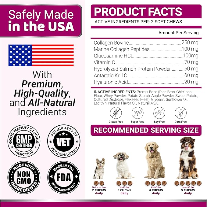 YUMA'S Advanced Collagen for Dogs - 170 Chews - Hip and Joint Supplement - Multi-Collagen Peptides - Skin & Coat Health, Cartilage & Mobility Support - Glucosamine, Vitamin C, Hyaluronic Acid