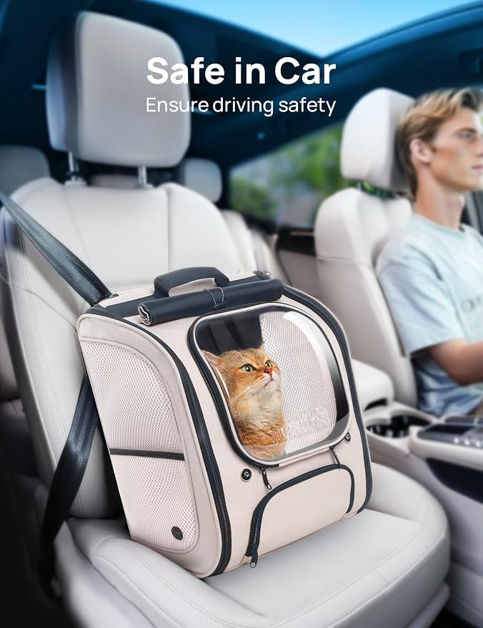 Pecute Cat Backpack Carrier,Large Space Cat Bubble Backpack,Ergonomic,Khaki | Sunshade Curtain,Transparent Window,Safety Rope,Sturdy,Large Mesh on Both Sides for Breathability,Suitable for Outdoor,Vet
