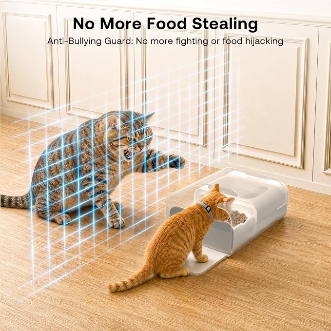 RFID Automatic Cat Feeder with Collar Sensor, Anti-Stealing Food Dispenser with Sealed Lid for Wet Dry Food and Different Diet for Multi-Pet Home, Auto Pet Feeder for Cats & Small Dogs, White