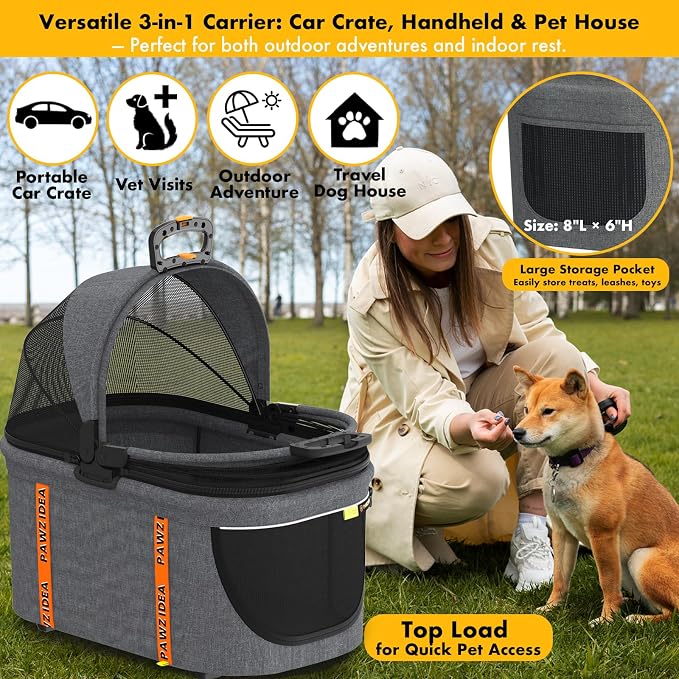 PAWZIDEA Portable Small Dog Crate for Car Travel Up to 33lbs, No-Zip Canopy | Enclosed Dog Car Seat Escape-Proof, Soft-Sided Small Medium Puppy Cats Car Kennel, Foldable Pet Carrier by Seatbelt, Top-Load