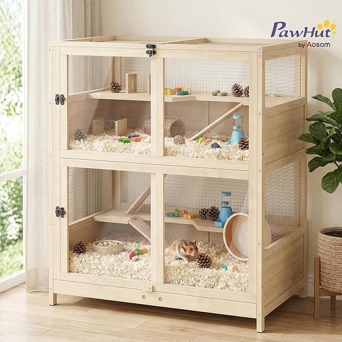 PawHut Wooden Hamster Cage, 4 Tier Small Animal Cage with Mesh Flip Roof, Pull-Out Tray, Huts, Seesaws, Ramps and Water Bottles, Hamster Habitat for Dwarf Syrian Mice Gerbil, 33" x 21" x 36"