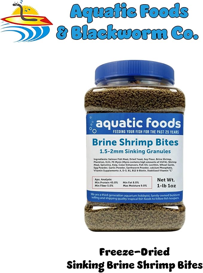 Aquatic Foods Inc. Brine Shrimp Sinking Bites for Bottom Fish, Small Baby Fish, Tetras. Live Bearers, Discus, Cichlids, Great for All Tropical Fish - 1-lb 1oz Large Jar