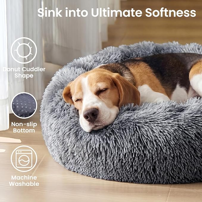 JOLLYVOGUE Calming Dog Beds Extra Large Sized Dog, 45in Donut Washable Large Pet Bed, Anti-Slip & Anti-Anxiety Fluffy Faux Fur Round Dogs Bed, Fits up to 125 lbs Pets (Smoke Black)