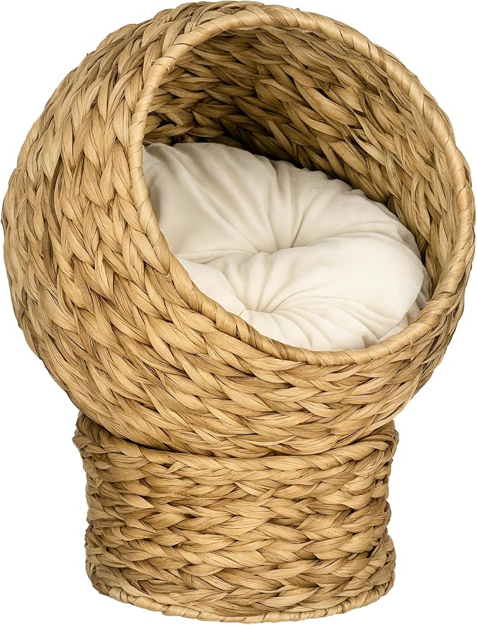 PAWHUT Egg Chair Rattan Elevated CAT Bed with Removable Cover, 17-in, Brown | Soft Cushion & Egg Chair Shape, Basket Bed Kitty House with Stand, Raised Wicker House