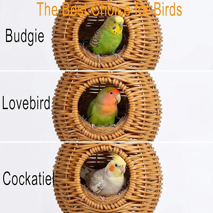 Washable & Breathable Plastic Rattan Bird Nest - Round Hanging Parrot Hammock Hut, Easy-Clean Cool Hideout for Sleeping, Egg Laying & Resting, Budgie, Lovebird, Cockatiel & Canary