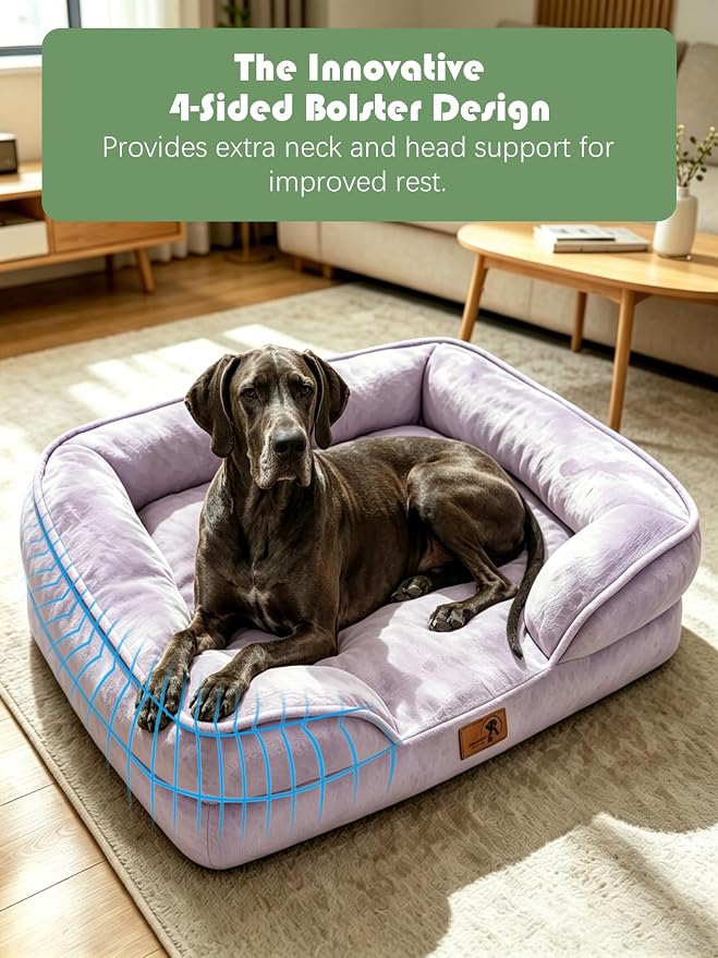 Spotted Play Orthopedic Dog Bed with Sides - Sofa Beds for Extra Large Dogs, Supportive Foam Pet Couch Bed with Washable Removable Cover, Waterproof Lining and Non-Slip Bottom, Purple - XXL