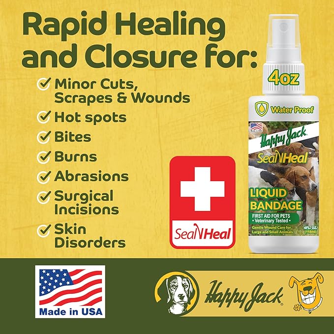 HAPPY JACK Seal 'N Heal Liquid Bandage for Dogs, Cats, Pets, Wound Care Spray (4 oz), Protects Against Minor Cuts, Burns, Waterproof Seal, Discourages Licking & Chewing, for Paws & Body, Made in USA