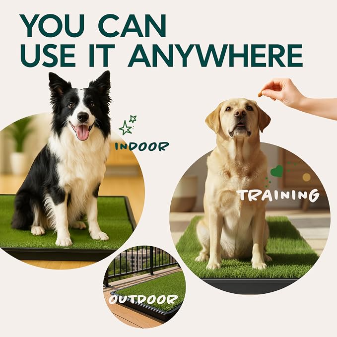 Dog Grass Pad with Tray 23”x35” – Artificial Pet Grass Patch for Dogs’ Potty with 2 Pcs of Washable Pee Pads & Puppy Potty Tray – Dog Litter Box Indoor & Outdoor for Puppy Training