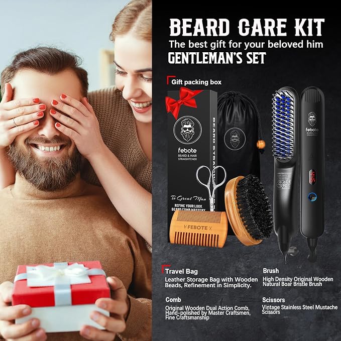 Innovation Beard&Hair Straightener for Men w/Natural Boar Bristle Brush, Pear Wood Comb, Mustache Scissors and Travel Bag, Professional Beard Care Set for Him, Men's Fashion and Grooming Gifts